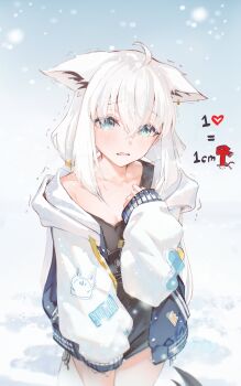 1girl absurdres ahoge animal_ear_piercing animal_ears black_shirt blue_eyes breasts cold collarbone commentary ears_down fox_ears fox_girl fox_print fox_tail hair_between_eyes highres hololive hood hood_down hooded_jacket hyde_(tabakko) jacket like_and_retweet looking_at_viewer open_mouth shirakami_fubuki shirt single_off_shoulder small_breasts solo tail tearing_up virtual_youtuber white_hair