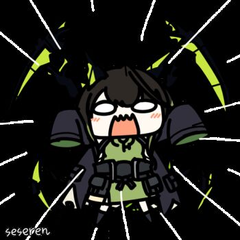 1girl ahoge animated animated_gif arknights artist_name black_hair black_jacket black_shoes blush chibi dress emphasis_lines green_dress green_hair huge_ahoge jacket looking_at_viewer lowres medium_hair mon3tr_(arknights) multicolored_hair no_nose off_shoulder open_mouth seseren shoes simple_background sleeves_past_fingers sleeves_past_wrists solid_oval_eyes solo streaked_hair transparent_background two-sided_fabric two-sided_jacket wavy_mouth white_eyes