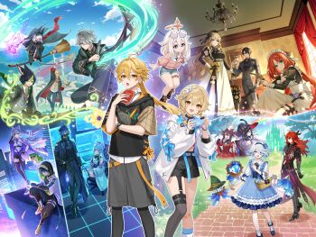 6+boys 6+girls absurdres aether_(genshin_impact) ajaw_(genshin_impact) alhaitham_(genshin_impact) alternate_costume alternate_hairstyle amaichi_esora animal_ear_headphones animal_ears apron basket black_hair black_hoodie black_mask black_pants black_robe black_shirt black_umbrella blonde_hair blue_dress blue_eyes book braid broom broom_riding cellphone crown cyno_(genshin_impact) diluc_(genshin_impact) diluc_(parallels_meet)_(genshin_impact) dress enmaided eyewear_on_head fake_animal_ears flins_(genshin_impact) flins_(parallels_meet)_(genshin_impact) flower fox_boy fox_ears furina_(genshin_impact) furina_(parallels_meet)_(genshin_impact) genshin_impact gentilhomme_usher glasses grin gun hair_flower hair_ornament halo handgun hat headphones headset highres holding holding_basket holding_book holding_broom holding_gun holding_phone holding_quill holding_staff holding_weapon holographic_interface hood hoodie hoyofair hu_tao_(genshin_impact) jacket kaveh_(genshin_impact) keqing_(genshin_impact) kinich_(genshin_impact) kinich_(parallels_meet)_(genshin_impact) long_hair looking_at_viewer lumine_(genshin_impact) lumine_(parallels_meet)_(genshin_impact) mademoiselle_crabaletta mage_staff magic maid maid_apron maid_headdress mona_(genshin_impact) mona_(parallels_meet)_(genshin_impact) multiple_boys multiple_girls navia_(genshin_impact) nilou_(genshin_impact) official_art open_mouth paimon_(genshin_impact) pants phone ponytail quill red_dress red_hair revolver robe shirt short_hair short_hair_with_long_locks smartphone smile staff surintendante_chevalmarin tighnari_(genshin_impact) twin_braids twintails umbrella very_long_hair watch weapon white_jacket white_shirt witch_hat wriothesley_(genshin_impact) wristwatch x_hair_ornament yellow_eyes yumemizuki_mizuki yumemizuki_mizuki_(parallels_meet)
