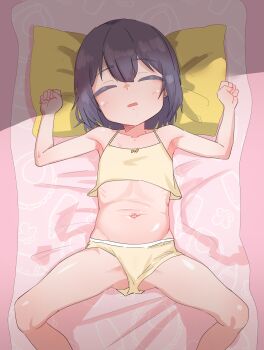 1girl absurdres armpits bed black_hair blush camisole closed_eyes highres legs loli lying medium_hair navel on_back on_bed original panties pillow saliva samus123 sleeping solo spread_legs stomach thighs underwear