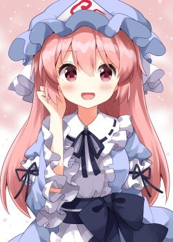 1girl :d alternate_hair_length alternate_hairstyle black_ribbon blue_hat blue_kimono blue_sash blush center_frills commentary_request frilled_sleeves frills hair_between_eyes hat highres japanese_clothes kimono long_hair long_sleeves looking_at_viewer mob_cap neck_ribbon obi open_mouth pink_eyes pink_hair ribbon ruu_(tksymkw) saigyouji_yuyuko sash smile solo touhou triangular_headpiece upper_body wide_sleeves