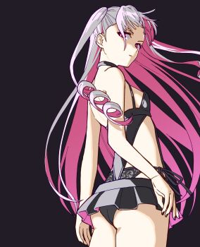1girl absurdres ass back black_nails black_panties breasts colored_inner_hair commentary cowboy_shot drill_hair from_side grey_hair highres long_hair looking_at_viewer microskirt multicolored_hair nanao_itsuki original panties pink_eyes pink_hair side-tie_panties skirt small_breasts solo two-tone_hair two_side_up underwear very_long_hair