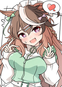 1girl absurdres alternate_costume animal_ears arnolddayo belt blush bow braid breasts brown_hair commentary_request ear_bow green_bow green_jacket hair_between_eyes hair_bow hair_ornament hairclip headdress heart highres horse_ears horse_girl jacket jersey_maid long_hair long_sleeves looking_at_viewer maid medium_breasts multicolored_hair open_mouth pink_bow purple_eyes smile speech_bubble spoken_heart streaked_hair sweat symboli_rudolf_(umamusume) track_jacket umamusume umamusume:_cinderella_gray unconventional_maid upper_body white_belt white_hair white_headdress white_sleeves