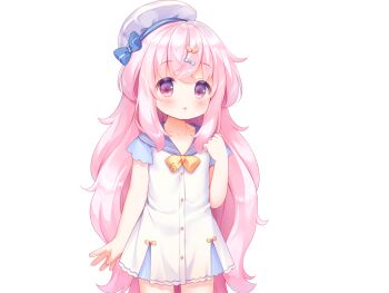 1girl :o ahoge blue_bow blue_sailor_collar blue_sleeves blush bow bowtie buttons cowboy_shot crossed_bangs dot_nose dress game_cg hand_up harem_futago_lolita hat hat_bow large_variant_set long_hair non-web_source open_mouth pink_eyes pink_hair sailor_collar sailor_dress short_dress short_sleeves simple_background solo standing striped_bow tachi-e tomari_(harem_futago_lolita) transparent_background usashiro_mani variant_set white_dress white_hat yellow_bow yellow_bowtie