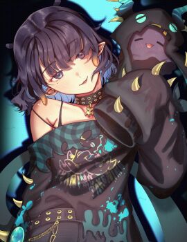 1girl absurdres animal_ears black_choker black_hair black_sweater blunt_bangs bra_strap breasts chain character_hat choker colored_inner_hair commentary english_commentary fang gold_chain gradient_hair grey_eyes highres hololive hololive_english l_yth light_smile long_sleeves looking_at_viewer mole mole_under_eye multicolored_hair ninomae_ina'nis ninomae_ina'nis_(nu_udra) official_alternate_costume official_alternate_hair_length official_alternate_hairstyle orange_hair parted_lips pointy_ears short_hair shoulder_blush sidelocks single_bare_shoulder sleeves_past_fingers sleeves_past_wrists small_breasts solo spiked_sleeves sweater takodachi_(ninomae_ina'nis) tentacle_hair undersized_breast_cup virtual_youtuber