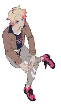 1boy agenasumiso51 blonde_hair blue_eyes brown_jacket closed_mouth commentary_request grey_pants highres jacket long_sleeves looking_at_viewer male_focus multicolored_hair nintendo open_clothes open_jacket pants pink_hair pink_shoes pokemon pokemon_legends:_z-a shirt shoes simple_background sitting solo sweatpants urbain_(pokemon) white_background