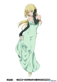 1girl aiz_wallenstein bare_shoulders blonde_hair bow breasts chest_jewel choker cleavage collarbone dress dungeon_ni_deai_wo_motomeru_no_wa_machigatteiru_darou_ka elbow_gloves female_focus full_body gem gloves green_choker green_dress green_gemstone green_gloves green_skirt hair_bow hair_ribbon high_heels highres japanese_text jewelry leg_lift leg_up long_glove long_hair long_skirt looking_at_viewer medium_breasts no_bra official_art open_mouth pink_bow pink_ribbon ribbon sexually_suggestive simple_background skirt sleeveless sleeveless_dress solo solo_focus translation_request white_background yellow_eyes