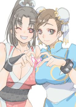 2girls black_hair blue_dress bracelet breasts brown_hair bun_cover capcom chun-li cleavage crossover double_bun dress eyelashes fatal_fury female_focus grin hair_bun heart heart_hands heart_hands_duo high_ponytail japanese_clothes jewelry kimono large_breasts long_hair looking_at_viewer multiple_girls one_eye_closed ponytail red_kimono rosie_rosie shiranui_mai simple_background smile spiked_bracelet spikes street_fighter the_king_of_fighters upper_body white_background wink
