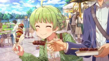 Rule 34 | 6+boys, 6+girls, ahoge, blush, braid, card commentary, cardigan, closed eyes, closed mouth, commentary request, day, flower, food, food on face, game cg, green cardigan, hair bun, hair flower, hair ornament, holding, holding food, idolmaster, idolmaster million live!, idolmaster million live! theater days, long sleeves, multiple boys, multiple girls, official alternate costume, official alternate hairstyle, official art, open cardigan, open clothes, out of frame, outdoors, producer (idolmaster), shimabara elena, shish kebab, short hair, single hair bun, smile, standing, third-party source