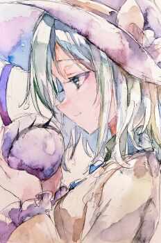 1girl absurdres black_hat bow closed_mouth commentary eyeball frilled_sleeves frills green_eyes green_hair hat hat_bow highres kamu_kotan komeiji_koishi long_sleeves shirt smile solo third_eye touhou traditional_media wide_sleeves yellow_bow yellow_shirt