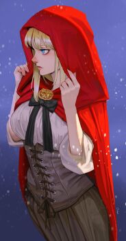 Rule 34 | 1girl, absurdres, black ribbon, blonde hair, blue eyes, breasts, cape, character request, closed mouth, commentary, copyright request, corset, english commentary, grey corset, highres, hood, hooded cape, large breasts, long hair, looking ahead, ori dal, red cape, red hood, ribbon, smile, snow, solo, standing