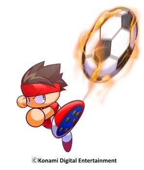 1boy artist_request ball brown_hair copyright_notice fire hairband jikkyou_powerful_pro_yakyuu jikkyou_powerful_pro_yakyuu_(style) jikkyou_powerful_soccer kicking multicolored_shirt multicolored_shoes no_mouth official_art power_soccer_kun purple_eyes rayman_limbs red_hairband red_shirt red_shoes shirt shoe_soles shoes short_sleeves soccer_ball soccer_uniform solo sportswear two-tone_shirt white_shirt white_shoes