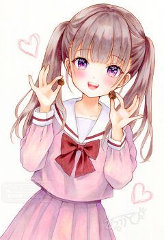 Rule 34 | 1girl, :d, arukapismillust, blush, bow, bowtie, chocolate, commentary request, cowboy shot, food, grey hair, hands up, heart, holding, holding food, long hair, long sleeves, looking at viewer, marker (medium), open mouth, original, pink serafuku, pink shirt, pink skirt, pleated skirt, purple eyes, red bow, red bowtie, sailor collar, school uniform, serafuku, shirt, simple background, skirt, smile, solo, straight hair, swimsuit, traditional media, twintails, watermark, white background, white sailor collar, wispy bangs