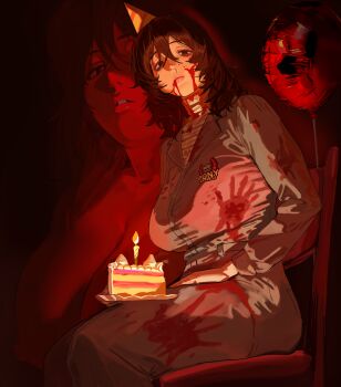 Rule 34 | 1girl, absurdres, anya (mouthwashing), balloon, blood, blood on clothes, blood on face, breasts, brown hair, cake, cake slice, candle, chair, commentary, english commentary, food, hat, highres, hintobento, horseshoe print, jumpsuit, large breasts, mixed-language commentary, mouthwashing, on chair, party hat, pony express uniform, sitting, solo
