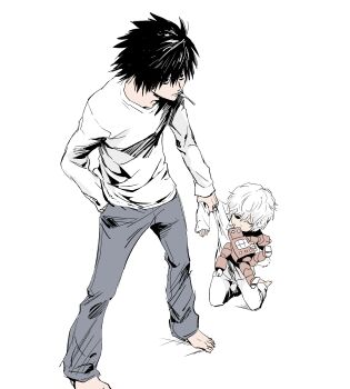 2boys aged_down bags_under_eyes black_eyes black_hair commentary_request death_note fork full_body grey_pants hand_in_pocket highres l_(death_note) long_sleeves male_focus multiple_boys near_(death_note) pants shirt short_hair simple_background standing toddler toy_robot utensil_in_mouth wakana_kuraguchi white_background white_pants white_shirt