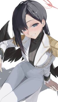1girl absurdres black_hair black_shirt black_wings blue_archive blush commentary_request epaulettes feathered_wings feet_out_of_frame from_above gloves grey_eyes halo head_tilt highres ichika_(blue_archive) ichika_(suit)_(blue_archive) jacket legs legs_together long_hair long_sleeves looking_at_viewer low_wings matcha_(matttttya1) open_clothes open_jacket pants shirt simple_background single_sidelock sitting smile solo thigh_gap thighs white_background white_gloves white_jacket white_pants wings