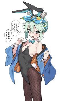 1girl absurdres alternate_costume animal_ears bare_shoulders black_leotard blue_jacket blue_ribbon blush bow bowtie breasts brown_pantyhose commentary_request detached_collar fake_animal_ears fate/grand_order fate_(series) fishnet_pantyhose fishnets green_eyes green_hair hair_between_eyes hair_ribbon highleg highleg_leotard highres horns jacket leotard long_sleeves looking_at_viewer louhi_(fate) louhi_(first_ascension)_(fate) nakagasukima open_mouth pantyhose playboy_bunny rabbit_ears rabbit_tail ribbon sharp_teeth short_hair sidelocks small_breasts solo speech_bubble tail teeth thighs translation_request wrist_cuffs