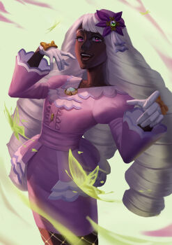 1girl absurdres ascot bow brooch bug butterfly cowboy_shot dark-skinned_female dark_skin dress fascinator frilled_ascot frills gem glove_bow gloves hair_ornament hands_up highres insect jacinthe_(pokemon) jewelry jirokazeart juliet_sleeves long_hair long_sleeves looking_at_viewer low_drills mega_stone nintendo open_mouth pantyhose pearl_(gemstone) pokemon pokemon_legends:_z-a puffy_sleeves purple_dress purple_eyes purple_hair smile teeth very_dark_skin white_gloves yellow_bow