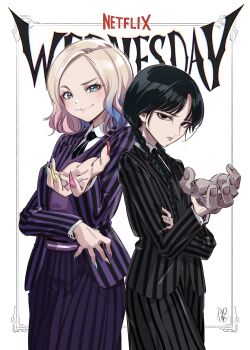 2girls absurdres the_addams_family black_eyes black_hair black_jacket black_skirt blonde_hair blue_eyes blue_hair braid closed_mouth copyright_name enid_sinclair highres jacket long_hair low_twin_braids medium_hair multiple_girls nevermore_academy_school_uniform pink_hair pomita purple_jacket purple_skirt school_uniform severed_hand skirt smile striped_clothes striped_jacket striped_skirt thing_(the_addams_family) twin_braids wednesday_(netflix) wednesday_addams