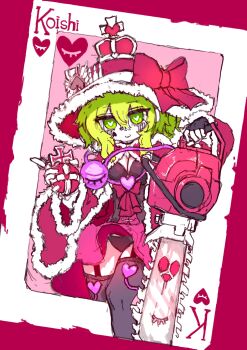 Rule 34 | 1girl, alternate costume, black gloves, black panties, black thighhighs, bow, breasts, card, chainsaw, character name, cleavage, closed mouth, crown, detached sleeves, eyeball, facial tattoo, fingerless gloves, garter straps, gloves, green eyes, green hair, hat, hat bow, heart, heart-shaped pupils, heart tattoo, highres, holding, holding chainsaw, komeiji koishi, large breasts, long hair, looking at viewer, panties, playing card, rampa93, red bow, red hat, smile, solo, symbol-shaped pupils, tattoo, thighhighs, third eye, touhou, underwear