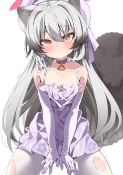 1girl absurdres animal_ears bell blue_archive collarbone commentary_request dress elbow_gloves gloves halo highres jingle_bell korean_commentary looking_at_viewer michiru_(blue_archive) michiru_(dress)_(blue_archive) neck_bell official_alternate_costume pantyhose purple_dress purple_gloves red_halo rirua_(kjom802) simple_background solo torn_clothes torn_pantyhose white_background white_pantyhose