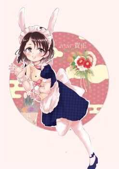 Rule 34 | 1girl, 2023, animal ears, apron, black hair, blush, chinese zodiac, commentary request, dress, grey eyes, highres, holding, holding stuffed toy, idolmaster, idolmaster cinderella girls, looking at viewer, maid, maid headdress, open mouth, rabbit ears, sasaki chie, shin fuj, short hair, smile, solo, stuffed animal, stuffed rabbit, stuffed toy, thighhighs, year of the rabbit, zettai ryouiki