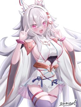 1girl baki_(duel_masters) bangle bracelet breasts double_v duel_masters fang geimudou gradient_clothes grey_hair hair_between_eyes hair_ornament highres horns japanese_clothes jewelry kimono large_breasts long_hair multicolored_hair open_mouth pink_eyes pink_hair solo thigh_strap thighhighs v white_background white_kimono