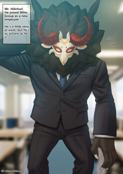 absurdres alternate_costume artist_name black_jacket black_pants black_suit blue_necktie blurry blurry_background claws collared_jacket dialogue_box english_text flying_sweatdrops formal_clothes genshin_impact highres horns jacket korean_commentary long_sleeves mask mitachurl_(genshin_impact) monster monster_boy muscular muscular_male necktie nervous office pants pov roborobocap solo standing suit suit_jacket translated twitter_username