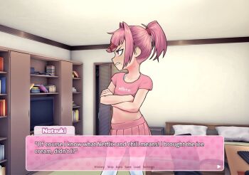 1girl blush crop_top crossed_arms dialogue_box doki_doki_literature_club female_focus indoors meme midriff miniskirt natsuki_(doki_doki_literature_club) navel pettankon pink_eyes pink_hair pleated_skirt polka_dot polka_dot_legwear ponytail profile short_ponytail sidelocks skirt solo speech_bubble thighhighs tsundere visual_novel