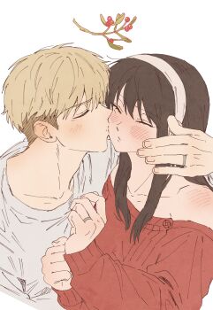 1boy 1girl absurdres black_hair blonde_hair blush closed_eyes commentary dress hairband hetero highres jewelry kiss kissing_cheek mistletoe moobki red_dress ring shirt simple_background spy_x_family symbol-only_commentary twilight_(spy_x_family) undercut upper_body wedding_ring white_background white_hairband white_shirt yor_briar