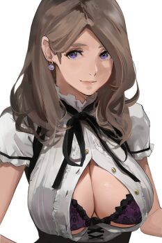 blonde_hair blue_eyes bra breast_focus breasts cleavage earrings fire_emblem fire_emblem:_three_houses highres j@ck jewelry large_breasts long_hair mercedes_von_martritz nintendo open_clothes open_shirt underwear