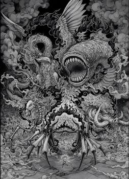 6+boys absurdres alternate_form arthropod_boy bakotsu_(youkai) beard boar ethan-baron_v._nusjuro facial_hair gear_fifth gorosei hagoromo hat highres horns horse itsumade_(youkai) jaygarcia_saturn kerbyrosanes looking_at_another male_focus marcus_mars menacing monkey_d._luffy monochrome monster multiple_boys one_piece open_mouth sharp_teeth shawl shepherd_ju_peter shorts skeleton spider_boy straw_hat teeth thick_beard third-party_source topless_male topman_warcury tusks twitter_username unworn_headwear ushi-oni_(youkai) white_shorts worm