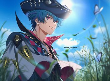 Rule 34 | 1boy, blue butterfly, blue hair, blue shirt, blue sky, brant (wuthering waves), bug, butterfly, closed mouth, commentary, day, facial scar, hat, highres, insect, male focus, multicolored hair, outdoors, pink eyes, sae naiyatsu, scar, scar on cheek, scar on face, shirt, short hair, sky, smile, solo, streaked hair, tacet mark (wuthering waves), tricorne, untranslatable commentary, wuthering waves