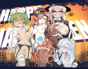 1boy 4girls :3 animal_ears bandaged_leg bandages bird_mask bird_wings bite_mark bite_mark_on_breast black_bow black_bowtie black_coat black_hat black_sclera black_thighhighs blue_eyes blush bowtie breasts breasts_apart carrot censored choker closed_eyes closed_mouth coat collarbone colored_nipples colored_sclera colored_skin cum cum_in_mouth cum_in_pussy cum_on_body cum_on_breasts cum_on_upper_body demon_eye_(terraria) english_text facial fake_animal_ears feathered_wings female_pubic_hair fingernails garter_belt green_hair grey_hair grey_skin hair_between_eyes hair_over_one_eye half-closed_eyes halloween halloween_costume hat heart heart_censor highres licking_lips long_hair looking_at_viewer mask mask_on_head monster_girl multiple_girls navel nipples nurse_cap nyong_nyong open_clothes open_coat open_shirt orange_eyes penis personification pubic_hair pussy rabbit_ears rabbit_tail red_eyes red_hair scar scylla sharp_fingernails shirt short_hair single_thighhigh skeleton_(terraria) slime_(terraria) slime_girl small_breasts smile tentacles terraria thighhighs tongue tongue_out top_hat v white_coat white_hair white_shirt wings zombie_(terraria) zombie_girl
