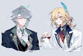 2boys alcohol alhaitham_(genshin_impact) antenna_hair appleboneeee artist_name black_jacket black_shirt black_vest blonde_hair blush brooch chinese_commentary closed_mouth collared_shirt commentary_request cup drinking_glass earrings expressionless eyelashes feather_hair_ornament feathers gem genshin_impact gloves gold_earrings gold_trim green_eyes green_gem green_hair green_necktie grey_background grey_hair grin hair_between_eyes hair_ornament hand_up highres holding holding_cup jacket jewelry kaveh_(genshin_impact) kaveh_(gigo)_(genshin_impact) lapels long_hair long_sleeves looking_at_viewer male_focus multicolored_hair multiple_boys necktie notice_lines official_alternate_costume open_clothes open_jacket parted_bangs red_eyes red_necktie ring shirt short_hair simple_background smile sparkle swept_bangs teeth tie_clip upper_body vest watch white_gloves white_jacket white_shirt white_vest wine wine_glass wing_collar wristwatch
