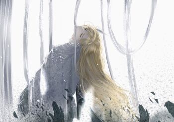 1boy alkaid_mcgrath arched_back blonde_hair closed_mouth expressionless feather_hair_ornament feathers from_behind green_eyes hair_between_eyes hair_ornament half-closed_eyes long_hair long_sleeves looking_at_viewer looking_back lovebrush_chronicles male_focus mouth_hold reaching reaching_towards_another ribbon ribbon_in_mouth robe shadow_hands shards simple_background solo upper_body very_long_hair white_background white_ribbon white_robe wo_shi_baitao_zong