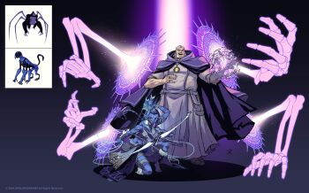 1boy 1girl absurdres apoloniodraws ben_10 ben_10:_ultimate_alien bow_(weapon) casting_spell cloak closed_eyes colored_skin extra_arms full_body highres kneeling multiple_hands old omnitrix purple_cloak purple_light purple_skin skeleton spider-monkey weapon