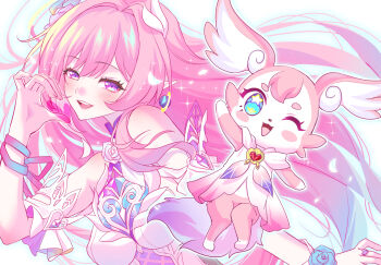 1girl aqua_hair ayakichi bare_shoulders blue_eyes breasts commentary cyrene_(honkai:_star_rail) cyrene_(ripples_of_past_reverie)_(honkai:_star_rail) diamond-shaped_pupils diamond_(shape) earrings gradient_hair half-heart_hands highres honkai:_star_rail honkai_(series) jewelry large_breasts long_hair looking_at_viewer mem_(honkai:_star_rail) multicolored_hair pink_hair pointy_ears purple_eyes simple_background smile star-shaped_pupils star_(symbol) symbol-only_commentary symbol-shaped_pupils two-tone_hair upper_body very_long_hair white_background