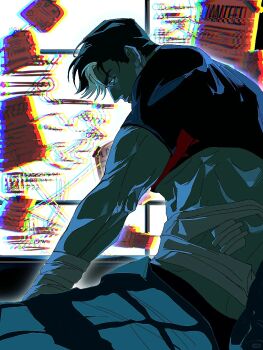 1boy bat_signal batman_(series) batman_symbol black_bodysuit black_hair blue_eyes bodysuit dc_comics e2_yhxloki highres jason_todd male_focus multicolored_hair muscular muscular_male red_hood_(dc) red_hood_and_the_outlaws shirt short_hair superhero_costume white_hair