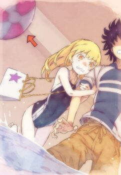 1boy 1girl aged_down arms_up arrow_(symbol) bag ball bare_arms bare_shoulders beachball black_hair black_one-piece_swimsuit blonde_hair bright_pupils brown_shorts colorized commentary competition_swimsuit covered_navel feet_out_of_frame flashback gazing_eye haimura_kiyotaka handbag height_difference highres holding_another's_arm hug indoors kamijou_touma long_hair matching_hair/eyes no_eyes one-piece_swimsuit orange_eyes scared school_swimsuit sepia shokuhou_misaki short_hair short_sleeves shorts sparkle sparkling_eyes spiked_hair spoilers standing standing_on_one_leg star_(symbol) swimsuit symbol-shaped_pupils teeth thighs third-party_edit toaru_majutsu_no_index toaru_majutsu_no_index:_new_testament tokiwadai_school_swimsuit water yellow_pupils