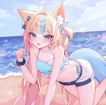 1girl absurdres ahoge anchor_ornament animal_ear_fluff animal_ears beach blonde_hair blue_bow blue_hair bow cat_ears cat_girl cloud cloudy_sky collarbone commentary fang fins fish_tail hair_bow highres indie_virtual_youtuber long_hair multicolored_hair navel ocean open_mouth rinne_(rinne_oi) sameko_saba scrunchie shorts skin_fang sky solo streaked_hair striped_bow symbol-only_commentary tail virtual_youtuber white_shorts wrist_scrunchie
