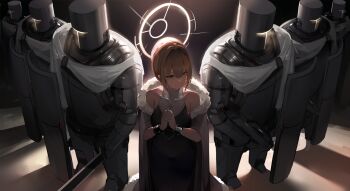 1girl 6+others ambiguous_gender angel armor bare_shoulders blonde_hair breasts coat cross cuffs dleung full_armor fur-trimmed_coat fur_trim glowing gun halo handcuffs highres holding holding_gun holding_shield holding_sword holding_weapon knight machine medium_breasts multiple_others original own_hands_clasped own_hands_together science_fiction shield sword weapon yellow_eyes