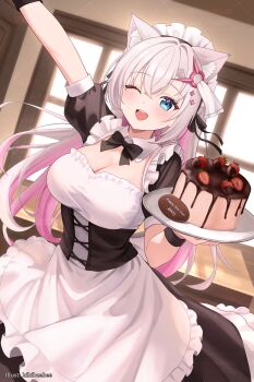 1girl absurdres animal_ears apron arm_up bibixart black_dress blue_eyes bow bowtie breasts cake cleavage commentary commission detached_collar dress english_commentary food frilled_apron frills hair_ornament highres holding holding_plate large_breasts long_hair looking_at_viewer maid maid_apron maid_headdress multicolored_hair one_eye_closed open_mouth original pink_hair plate short_sleeves smile solo two-tone_hair underbust white_hair