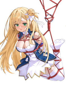 1girl absurdres armpit_crease arms_behind_back azur_lane bare_shoulders bdsm blonde_hair blush bondage bound bound_ankles bound_arms bound_legs bound_thighs bound_torso bound_wrists box_tie breast_bondage breasts cleavage commentary_request commission crying crying_with_eyes_open dress elbow_gloves feet forbin_(azur_lane) gloves green_eyes hair_bun highres hogtie large_breasts long_hair looking_at_viewer no_shoes open_mouth pixiv_commission red_rope restrained rope shibari shibari_over_clothes short_dress solo suspension tears thighhighs very_long_hair white_dress white_gloves white_thighhighs yuhui_ranjin zettai_ryouiki