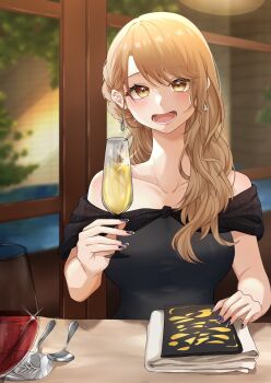 1girl :d alcohol alternate_breast_size_(larger) alternate_costume alternate_hairstyle bad_anatomy bare_shoulders black_dress black_nails blush breasts brown_eyes brown_hair champagne champagne_flute collarbone commentary_request cup dress drinking_glass earrings fork glint hair_over_shoulder highres holding holding_cup indoors isshiki_iroha jewelry large_breasts light_(lightpicture33) long_hair looking_at_viewer mismatched_earrings nail_polish off-shoulder_dress off_shoulder open_mouth pov_across_table smile solo spoon table upper_body window wine_glass yahari_ore_no_seishun_lovecome_wa_machigatteiru.