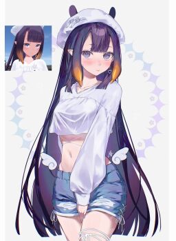 1girl absurdres ani_019 beret blue_eyes blue_shorts blunt_bangs blush breasts center-flap_bangs commentary cowboy_shot cropped_shirt earrings english_commentary gradient_hair hat heart heart_earrings highres hololive hololive_english jewelry long_hair long_sleeves looking_at_viewer medium_breasts midriff multicolored_hair navel ninomae_ina&#039;nis official_alternate_costume orange_hair pointy_ears puffy_long_sleeves puffy_sleeves purple_hair screenshot_inset shirt short_shorts shorts sidelocks sleeves_past_wrists solo straight_hair tentacle_hair torn_clothes torn_shorts v-neck very_long_hair virtual_youtuber white_hat white_shirt