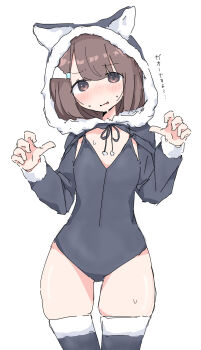 1girl animal_ears animal_hood black_one-piece_swimsuit black_thighhighs blush brown_eyes brown_hair cat_ears cat_hood covered_navel cowboy_shot fake_animal_ears fur-trimmed_hood fur_trim hair_ornament hairclip hands_up highres hood hood_up long_sleeves looking_at_viewer okumoto_(sugoku_erai) one-piece_swimsuit original parted_lips short_hair shrug_(clothing) simple_background solo sweat swimsuit thighhighs thighs white_background
