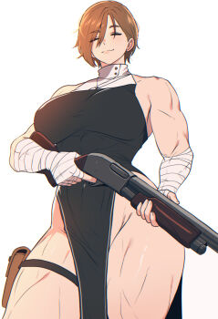 1girl breasts brown_hair closed_eyes commentary cowboy_shot cross cross_necklace english_commentary gun highres holding holding_gun holding_weapon jewelry large_breasts muscular muscular_female necklace no_panties nun original pouch pump_action short_hair shotgun simple_background smile solo spoiledmuffin thigh_pouch weapon white_background