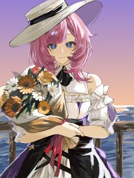 1girl absurdres blue_eyes bouquet breasts chinese_commentary commentary_request dress elf elysia_(honkai_impact) elysia_(sweet_memories)_(honkai_impact) flower gradient_sky hat highres holding holding_bouquet honkai_(series) honkai_impact_3rd large_breasts looking_at_viewer ocean official_alternate_costume outdoors pink_hair pointy_ears purple_eyes qianzao_a_nong_yi_dongbudong sky solo white_dress white_hat