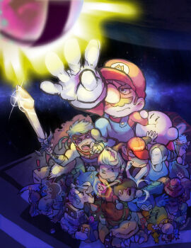 ! 3girls 6+boys ? anger_vein angry animal_crossing artist_name bowser box cardboard_box diddy_kong dog_(duck_hunt) donkey_kong_(series) duck_(duck_hunt) duck_hunt family_computer_robot fire_emblem fire_emblem:_path_of_radiance flying_sweatdrops fox_mccloud game_&amp;_watch gen_1_pokemon highres human_pyramid ike_(fire_emblem) jigglypuff kid_icarus kirby kirby_(series) link little_mac lucas_(mother_3) mario mario_(series) mega_man_(character) mega_man_(classic) mega_man_(series) metal_gear_(series) metroid mikoto-tsuki monkey mother_(series) mother_3 mr._game_&amp;_watch multiple_boys multiple_girls nintendo olimar pac-man pac-man_(game) palutena pikmin_(creature) pikmin_(series) poke_ball pokemon pokemon_(creature) power_suit_(metroid) punch-out!! quiff samus_aran smash_ball solid_snake sonic_(series) sonic_the_hedgehog star_fox super_smash_bros. sword teardrop the_legend_of_zelda the_legend_of_zelda:_twilight_princess varia_suit villager_(animal_crossing) weapon wii_fit wii_fit_trainer wii_fit_trainer_(female)